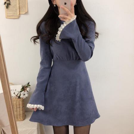 春秋小众连衣裙流行纯色花边连衣裙  服裝批發女裝批發服飾貨源