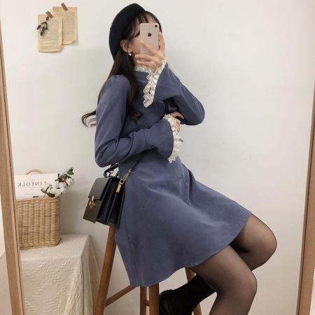 春秋小众连衣裙流行纯色花边连衣裙  服裝批發女裝批發服飾貨源