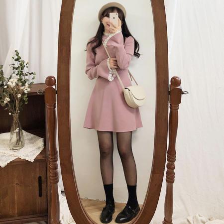 春秋小众连衣裙流行纯色花边连衣裙  服裝批發女裝批發服飾貨源