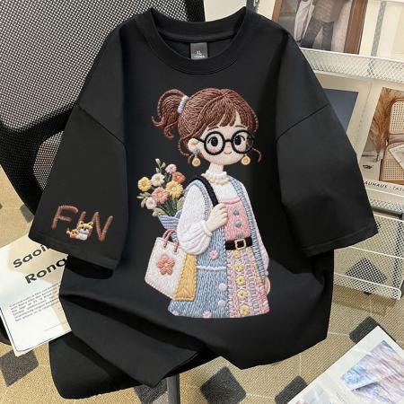 纯棉春秋新款短袖T恤仿刺绣可爱卡通戴眼镜女孩印花T恤上衣  服裝批發女裝批發服飾貨源