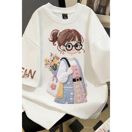 纯棉春秋新款短袖T恤仿刺绣可爱卡通戴眼镜女孩印花T恤上衣  服裝批發女裝批發服飾貨源
