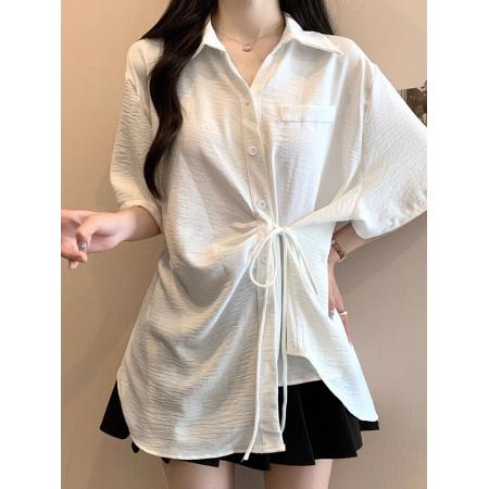 不规则多巴胺高级大码简约韩系短袖系带夏季胖MM衬衫洋气显瘦上衣  服裝批發女裝批發服飾貨源