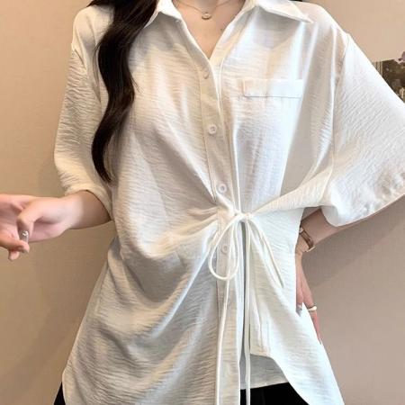 不规则多巴胺高级大码简约韩系短袖系带夏季胖MM衬衫洋气显瘦上衣  服裝批發女裝批發服飾貨源