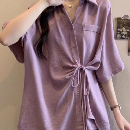 不规则多巴胺高级大码简约韩系短袖系带夏季胖MM衬衫洋气显瘦上衣  服裝批發女裝批發服飾貨源