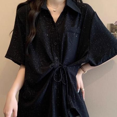 不规则多巴胺高级大码简约韩系短袖系带夏季胖MM衬衫洋气显瘦上衣  服裝批發女裝批發服飾貨源