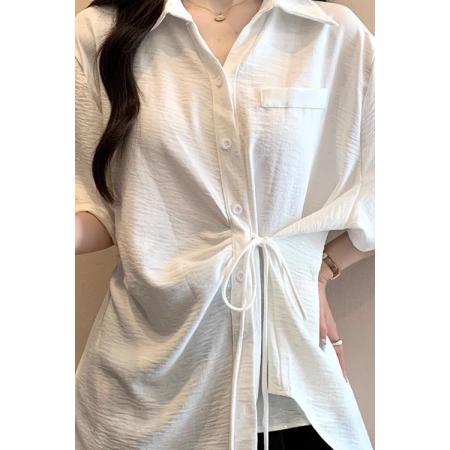 不规则多巴胺高级大码简约韩系短袖系带夏季胖MM衬衫洋气显瘦上衣  服裝批發女裝批發服飾貨源