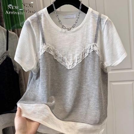 胖mm特大码200斤撞色假两件蕾丝拼接短袖T恤女上衣宽松微透夏薄款  服裝批發女裝批發服飾貨源