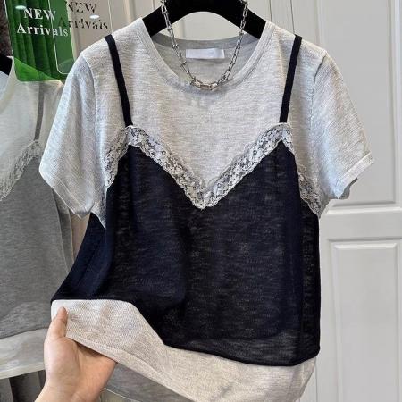 胖mm特大码200斤撞色假两件蕾丝拼接短袖T恤女上衣宽松微透夏薄款  服裝批發女裝批發服飾貨源