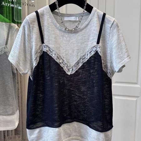 胖mm特大码200斤撞色假两件蕾丝拼接短袖T恤女上衣宽松微透夏薄款  服裝批發女裝批發服飾貨源