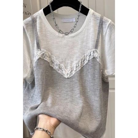 胖mm特大码200斤撞色假两件蕾丝拼接短袖T恤女上衣宽松微透夏薄款  服裝批發女裝批發服飾貨源