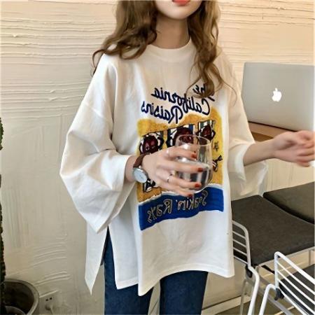 ins超火开叉短袖T恤女春夏新款韩版潮原宿BF百搭宽松七分袖上衣服  服裝批發女裝批發服飾貨源