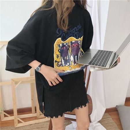 ins超火开叉短袖T恤女春夏新款韩版潮原宿BF百搭宽松七分袖上衣服  服裝批發女裝批發服飾貨源