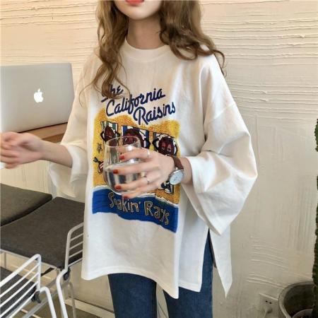 ins超火开叉短袖T恤女春夏新款韩版潮原宿BF百搭宽松七分袖上衣服  服裝批發女裝批發服飾貨源