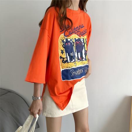 ins超火开叉短袖T恤女春夏新款韩版潮原宿BF百搭宽松七分袖上衣服  服裝批發女裝批發服飾貨源