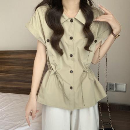 设计感工装短袖衬衫女夏季薄款大码胖mm收腰显瘦盐系休闲抽绳上衣  服裝批發女裝批發服飾貨源