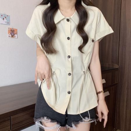 设计感工装短袖衬衫女夏季薄款大码胖mm收腰显瘦盐系休闲抽绳上衣  服裝批發女裝批發服飾貨源