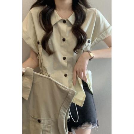 设计感工装短袖衬衫女夏季薄款大码胖mm收腰显瘦盐系休闲抽绳上衣  服裝批發女裝批發服飾貨源