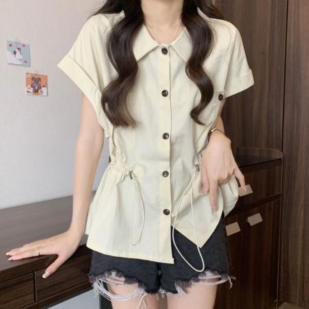设计感工装短袖衬衫女夏季薄款大码胖mm收腰显瘦盐系休闲抽绳上衣  服裝批發女裝批發服飾貨源
