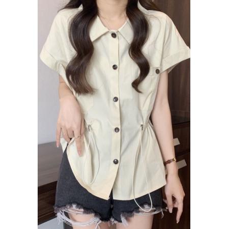 设计感工装短袖衬衫女夏季薄款大码胖mm收腰显瘦盐系休闲抽绳上衣  服裝批發女裝批發服飾貨源