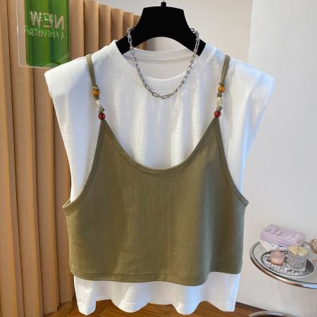 高端欧货白色垫肩无袖t恤女新款宽松灰色吊带背心两件套T恤  服裝批發女裝批發服飾貨源