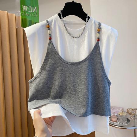 高端欧货白色垫肩无袖t恤女新款宽松灰色吊带背心两件套T恤  服裝批發女裝批發服飾貨源
