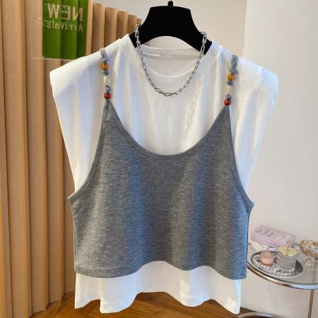 高端欧货白色垫肩无袖t恤女新款宽松灰色吊带背心两件套T恤  服裝批發女裝批發服飾貨源