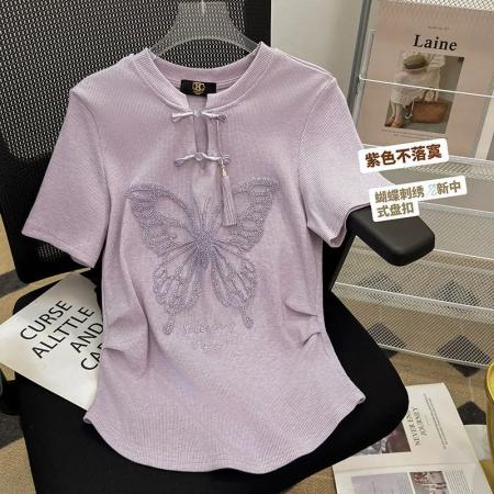 新中式国风盘扣短款上衣女新款设计感圆领独特别致刺绣T恤夏  服裝批發女裝批發服飾貨源