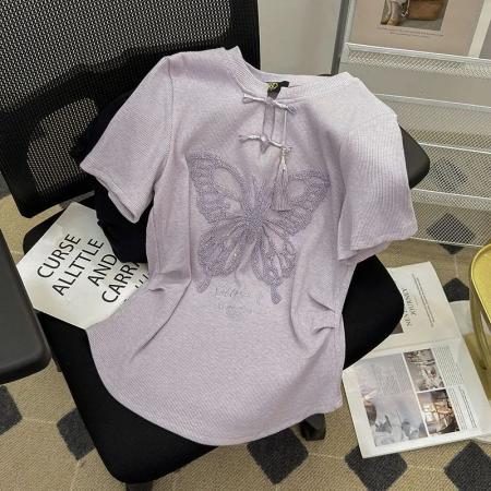 新中式国风盘扣短款上衣女新款设计感圆领独特别致刺绣T恤夏  服裝批發女裝批發服飾貨源