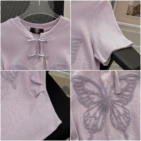 新中式国风盘扣短款上衣女新款设计感圆领独特别致刺绣T恤夏  服裝批發女裝批發服飾貨源