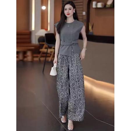 时尚套装女夏季新款洋气显瘦设计感短袖T恤印花阔腿裤两件套  服裝批發女裝批發服飾貨源