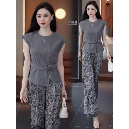 时尚套装女夏季新款洋气显瘦设计感短袖T恤印花阔腿裤两件套  服裝批發女裝批發服飾貨源