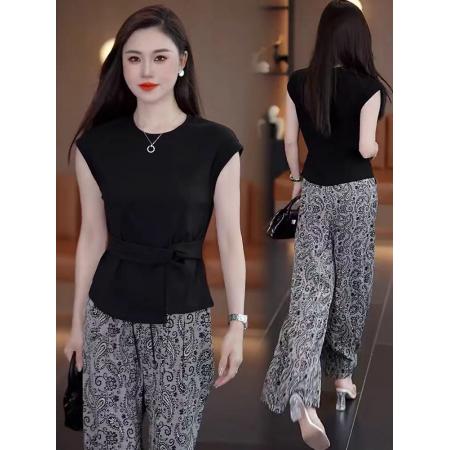 时尚套装女夏季新款洋气显瘦设计感短袖T恤印花阔腿裤两件套  服裝批發女裝批發服飾貨源