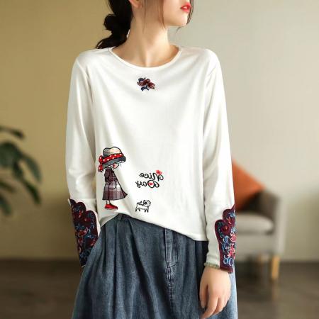 100%纯棉民族风刺绣长袖t恤衫女春季新款韩版显瘦圆领套头打底衫  服裝批發女裝批發服飾貨源