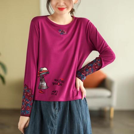 100%纯棉民族风刺绣长袖t恤衫女春季新款韩版显瘦圆领套头打底衫  服裝批發女裝批發服飾貨源