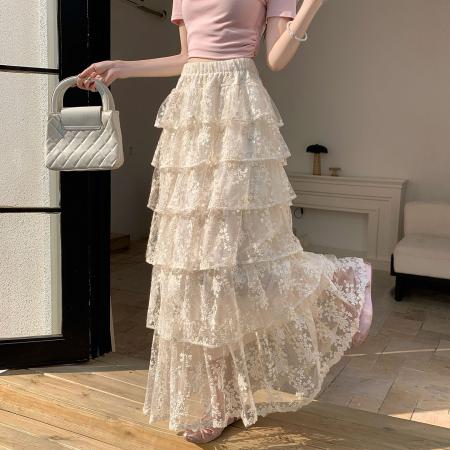 仙气感温柔蕾丝半身裙春夏新款a字高腰蓬蓬蛋糕裙松紧腰长款裙子  服裝批發女裝批發服飾貨源