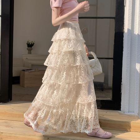仙气感温柔蕾丝半身裙春夏新款a字高腰蓬蓬蛋糕裙松紧腰长款裙子  服裝批發女裝批發服飾貨源