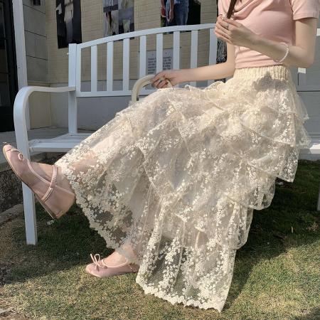 仙气感温柔蕾丝半身裙春夏新款a字高腰蓬蓬蛋糕裙松紧腰长款裙子  服裝批發女裝批發服飾貨源
