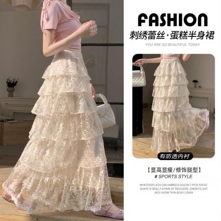 仙气感温柔蕾丝半身裙春夏新款a字高腰蓬蓬蛋糕裙松紧腰长款裙子  服裝批發女裝批發服飾貨源