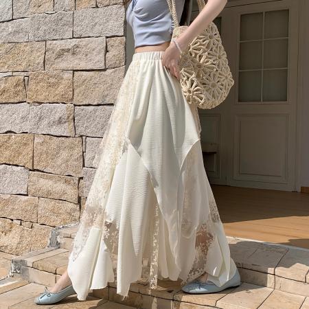 白色半身裙重工不规则蕾丝花边蛋糕裙春季女大码设计感a字超长裙  服裝批發女裝批發服飾貨源