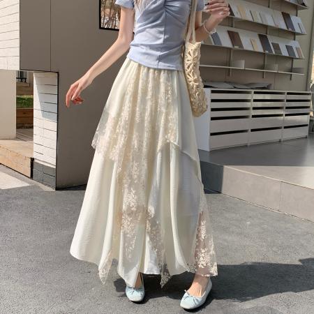 白色半身裙重工不规则蕾丝花边蛋糕裙春季女大码设计感a字超长裙  服裝批發女裝批發服飾貨源