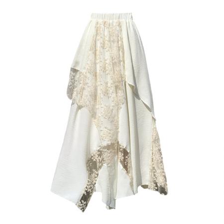 白色半身裙重工不规则蕾丝花边蛋糕裙春季女大码设计感a字超长裙  服裝批發女裝批發服飾貨源