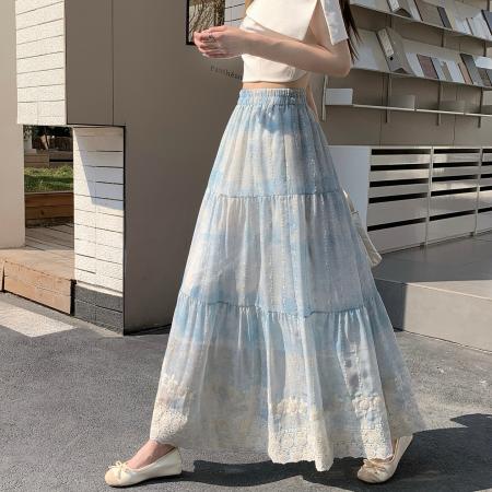 新中式国风刺绣棉麻半身裙女春季新款高腰显瘦蛋糕裙长裙半裙  服裝批發女裝批發服飾貨源