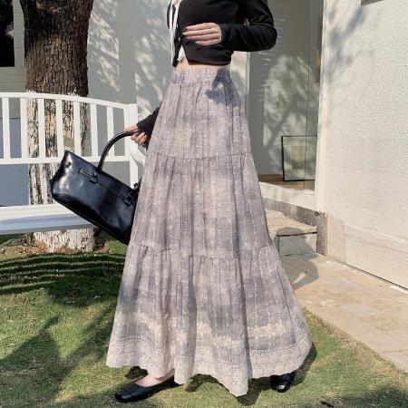 新中式国风刺绣棉麻半身裙女春季新款高腰显瘦蛋糕裙长裙半裙  服裝批發女裝批發服飾貨源