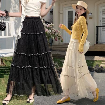 法式高级感蕾丝半身裙女新款春显瘦松紧腰大裙摆长裙子蛋糕裙  服裝批發女裝批發服飾貨源