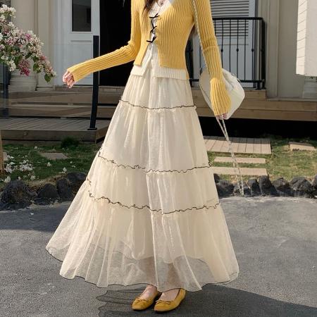 法式高级感蕾丝半身裙女新款春显瘦松紧腰大裙摆长裙子蛋糕裙  服裝批發女裝批發服飾貨源