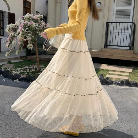 法式高级感蕾丝半身裙女新款春显瘦松紧腰大裙摆长裙子蛋糕裙  服裝批發女裝批發服飾貨源