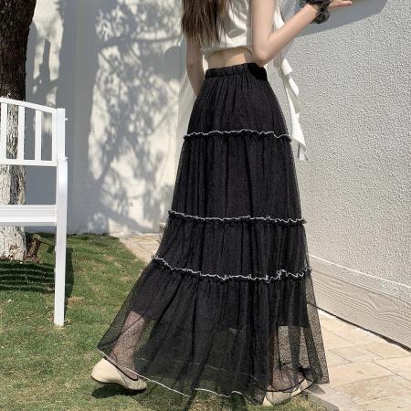 法式高级感蕾丝半身裙女新款春显瘦松紧腰大裙摆长裙子蛋糕裙  服裝批發女裝批發服飾貨源