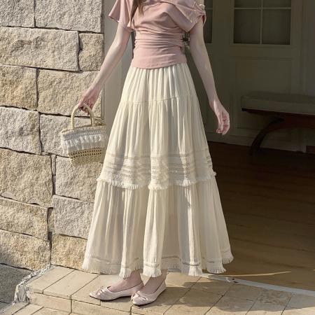 温柔风镂空流苏边显瘦半身裙女春季高腰褶皱宽松层层蛋糕裙潮  服裝批發女裝批發服飾貨源