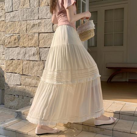 温柔风镂空流苏边显瘦半身裙女春季高腰褶皱宽松层层蛋糕裙潮  服裝批發女裝批發服飾貨源