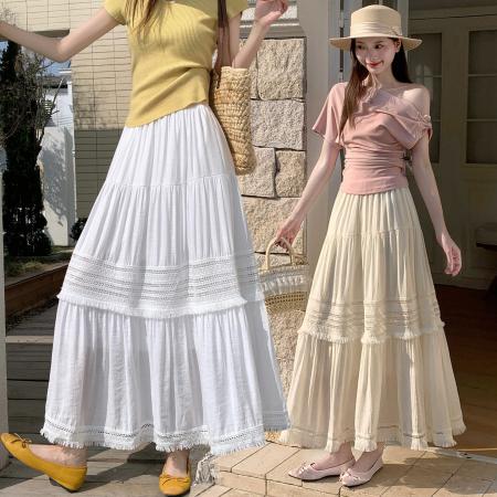 温柔风镂空流苏边显瘦半身裙女春季高腰褶皱宽松层层蛋糕裙潮  服裝批發女裝批發服飾貨源